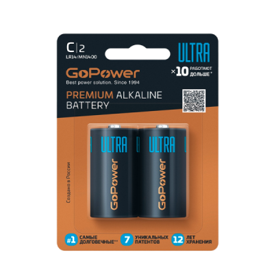 Батарейка GoPower ULTRA LR14 C BL2 Alkaline 1.5V 00-00026398