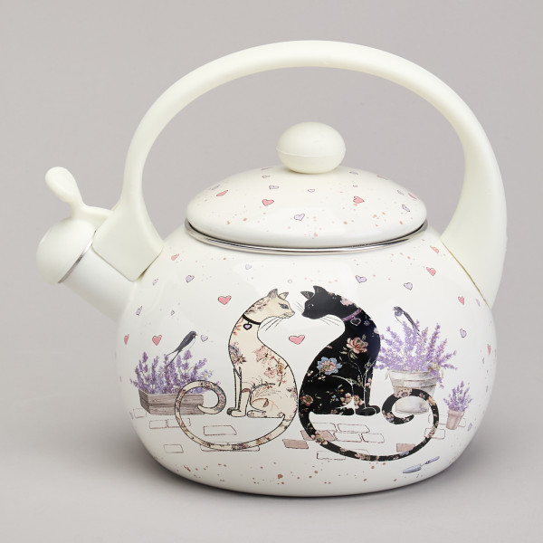 ЧАЙНИК AGNESS ЭМАЛИРОВАННЫЙ СО СВИСТКОМ СЕРИЯ "LAVENDER CATS", 2,2 Л