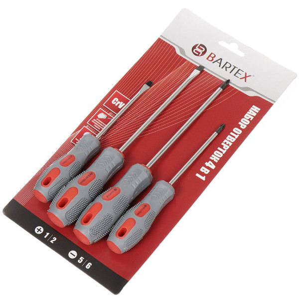 Отвертка BARTEX набор 4 в 1 PH 1,2/ SL 5,6 антискольз двухкомп, магнит, закал