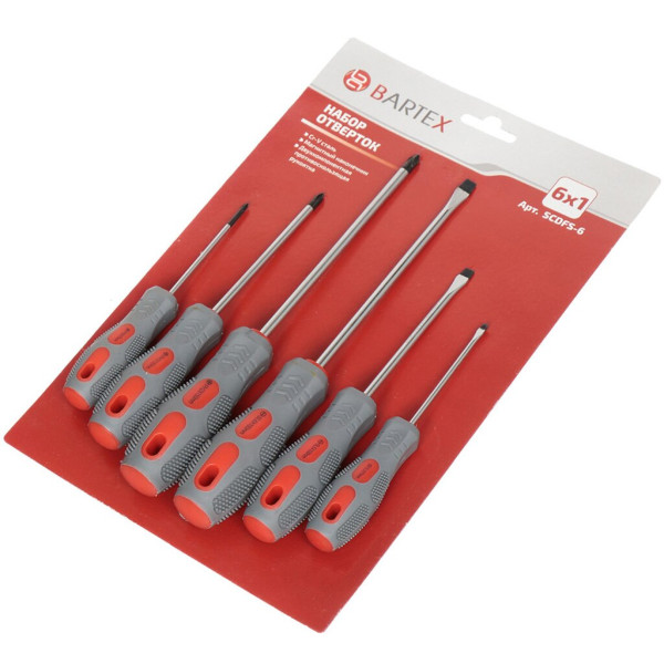 Bartex Отвертка набор 6 в 1 PH 0,1,2/ SL 3,5,6 антискольз двухкомп, магнит, закал, Cr-V D-142931