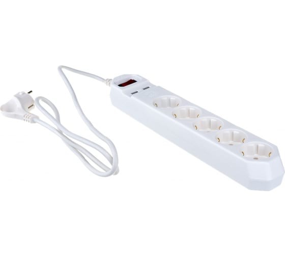 Сетевой фильтр USF-5es-1.5m-USB-W  ЭРА (белый) с заземл, 3x0,75мм2, с выкл, 5гн+2USB, 1.5м Б0019037
