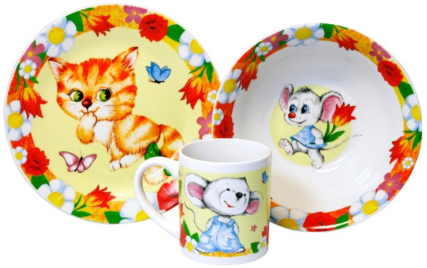 МФК Набор "Кошки-мышки"/"Лисичка" 3 предмета (тарелка 19 см, миска 18 см, кружка 240 мл) MFK04017/MFK04013