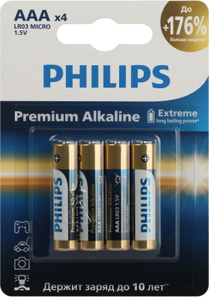 Philips Батарейки Philips LR03M4B/51 ААА алкалиновые 1,5v 4 шт. LR03-4BL Premium (4/48/144/25920) Б0062755