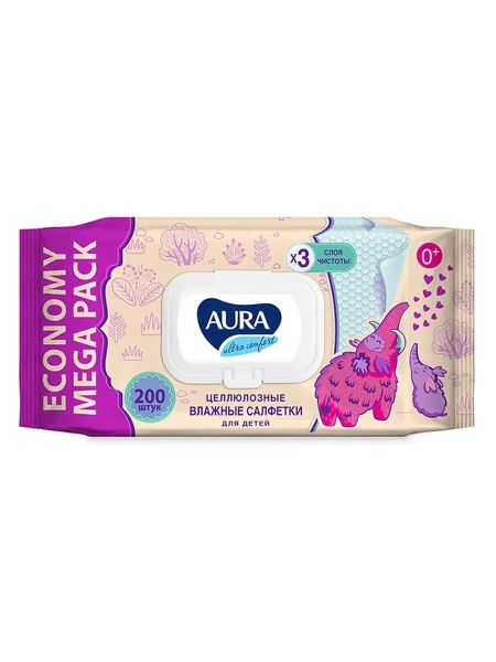 AURA Влажные салфетки ULTRA для детей COMFORT big-pack с крышкой 200шт /12