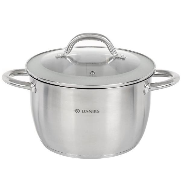 Daniks Кастрюля нерж, 5 л, с крыш, крышка стекло, Pearl GS-01205-22