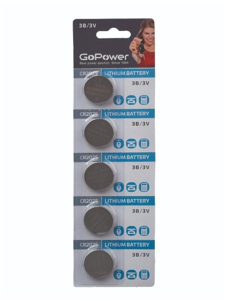 Батарейка GoPower CR2025 BL 5шт Lithium 3V (5/100/2000) 00-00015604