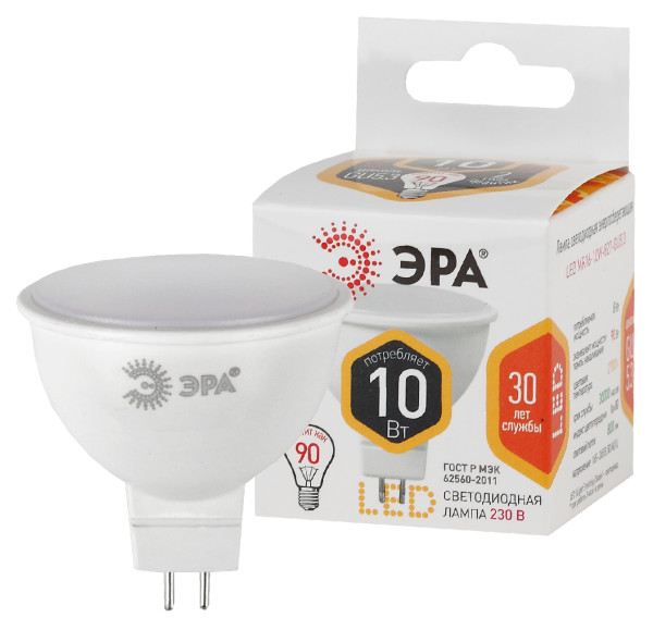 LED MR16-10W-827-GU5.3  Лампа светодиодная ЭРА STD LED MR16-10W-827-GU5.3 10Вт софит теплый белый свет GU5.3