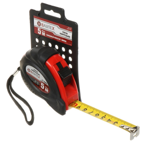 Рулетка BARTEX 5м х 19мм Обрезин корп, Слайд фиксатор + Кнопка JB-02 (36G-5019)