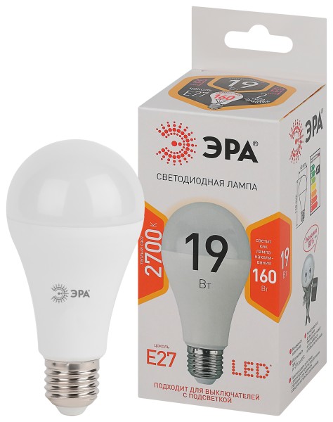 LED A65-19W-827-E27  Лампа светодиодная ЭРА STD LED A65-19W-827-E27 19Вт груша теплый белый свет Е27