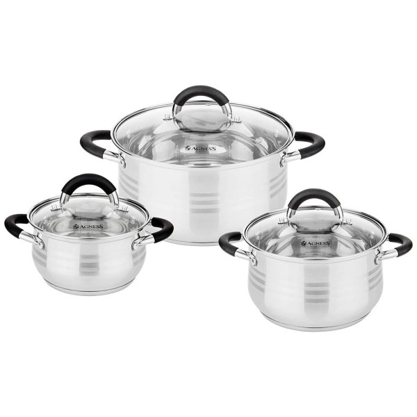 AGNESS НАБОР КАСТРЮЛЬ СО СТЕКЛ.КРЫШКАМИ 6ПР.1,7/3,5/5,5 Л. РАЗМЕР 16X9,5/20X12.5/ 24X13.5 СМ 937-513
