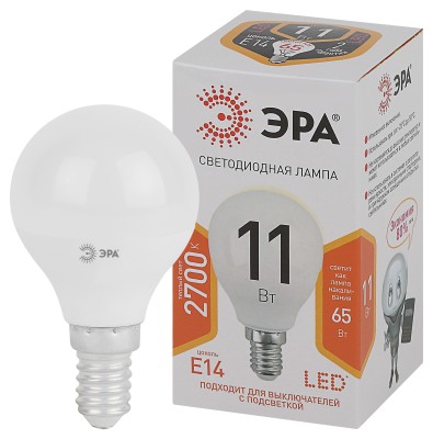 LED P45-11W-827-E14  Лампа светодиодная ЭРА STD LED P45-11W-827-E14 11Вт шар теплый белый свет Е14