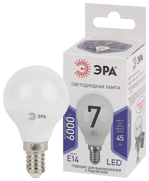 Лампочка светодиодная ЭРА STD LED P45-7W-860-E14 E14 / Е14 7Вт шар холодный дневной свет Б0031401