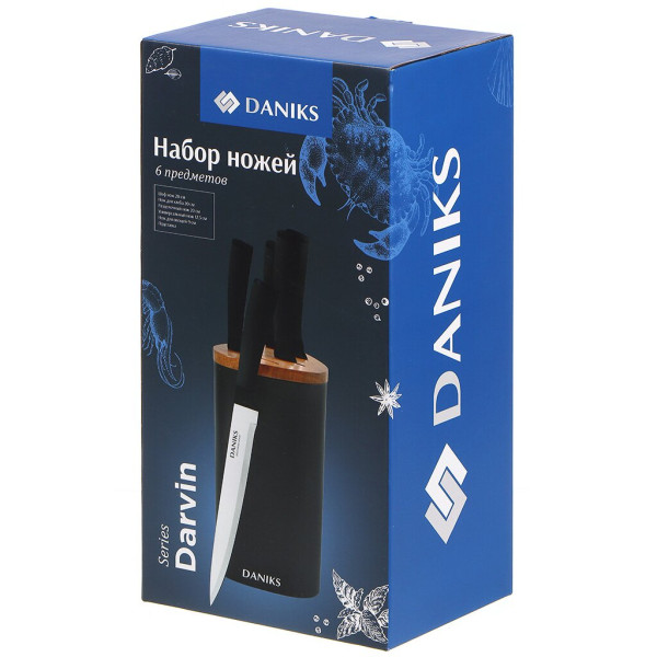 Daniks Набор ножей 6 пр, 20,20,20,12.5,9 см, сталь, рук пласт, с подст, пласт, Darvin YW-A155