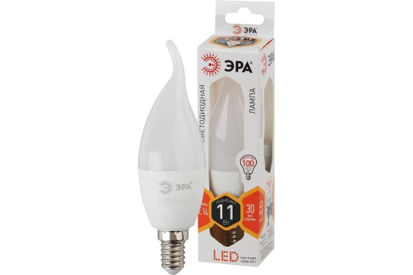 LED BXS-11W-827-E14  Лампа светодиодная ЭРА STD LED BXS-11W-827-E14 11Вт свеча на ветру теплый белый свет Е14