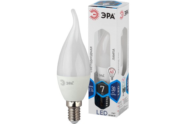 LED BXS-7W-840-E14  Лампа светодиодная ЭРА STD LED BXS-7W-840-E14 7Вт свеча на ветру нейтральный белый свет Е14