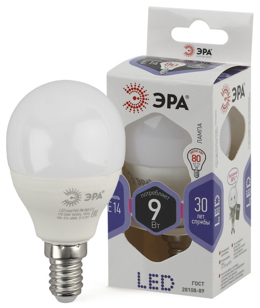 LED P45-9W-860-E14  Лампа светодиодная ЭРА STD LED P45-9W-860-E14 9Вт шар холодный дневной свет Е14