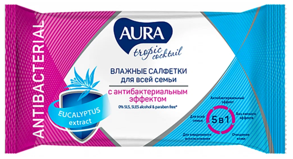 AURA Влажные салфетки TROPIC COCKTAIL с антибак. эффектом pocket-pack 15шт компакт /110