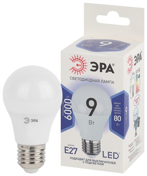 LED A60-9W-860-E27  Лампа светодиодная ЭРА STD LED A60-9W-860-E27 9Вт груша холодный дневной свет Е27