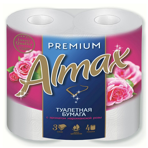 Plushe Almax PREMIUM Туалетная бумага 4 рулона 3 слоя 18,6м, Роза БХ60576П