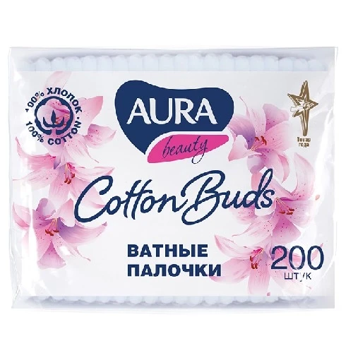 Aura Ватные палочки п/э пакет 200шт New БХ/КК6440