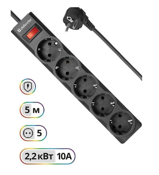 Defender Сетевой фильтр ES largo 5 розеток 125 Дж с заземлением 1.8м черный 99497