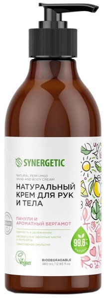SYNERGETIC Крем д/рук и тела Пачули и аром.берг.С ДОЗАТОРОМ 380мл *6*12