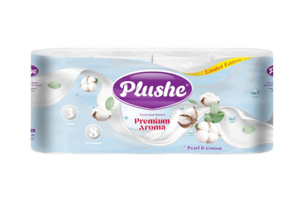 Plushe Premium Aroma Pearl & CottonТуалетная Бумага 3 слоя 8 рулонов белая БХ73150П