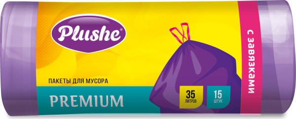 Plushe Premium Мешки мусорные 60л (60*70) 10шт с завязками, особо прочные, 19мкм БХ19541П