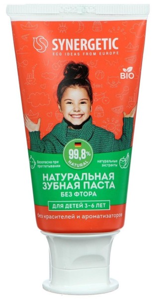 SYNERGETIC Детская Зубная паста Клубничка и банан от 3 до 6 лет (желтая) 50гр*12*