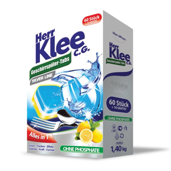 Таблетки для посудомоечных машин Klee Silver Line 1400 гр (60+10 штук)