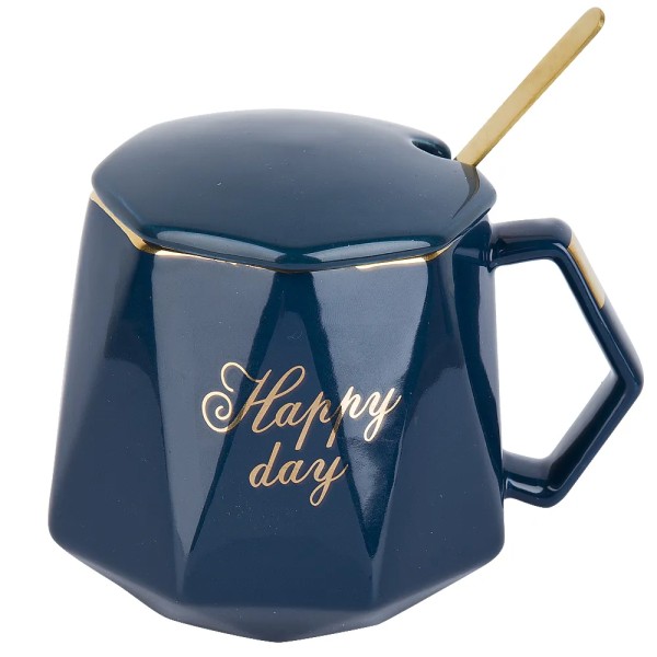 Nouvelle Кружка фарфоровая с крышкой и ложкой "Happy day" (синяя) v=420 мл 1060061-3