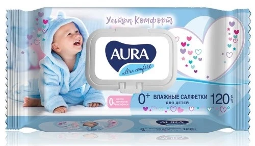 AURA Влажные салфетки ULTRA для детей COMFORT с экстр. алоэ и вит Е с крышкой 120шт /12