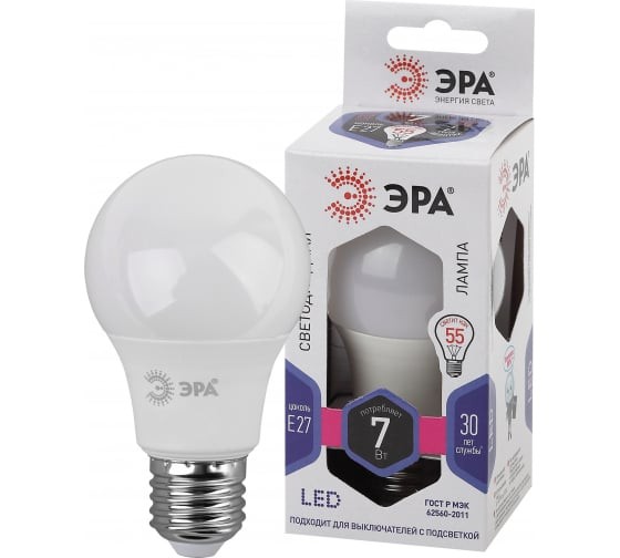 Лампы СВЕТОДИОДНЫЕ СТАНДАРТ LED A60-7W-860-E27  ЭРА (диод, груша, 7Вт, хол, E27) Б0044087