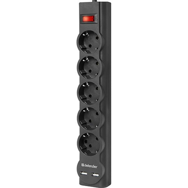 Defender Сетевой фильтр DFS 751 5 розеток 2USB 220 Дж с заземлением 1.8м черный 99751