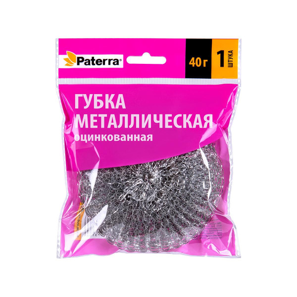 Губка металлическая оцинкованная ПЛЕТЁНКА, 40 г, 1 шт. в упаковке, PATERRA