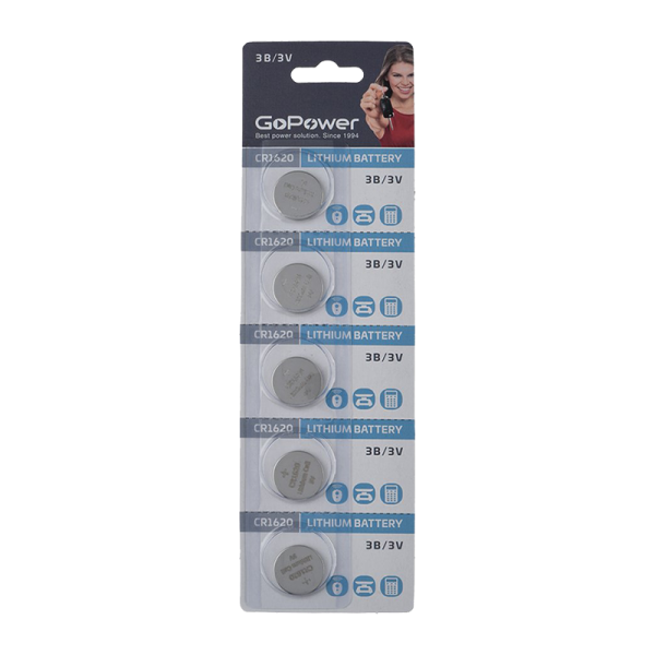 Батарейка GoPower CR1620 BL5шт Lithium 3V 00-00023146