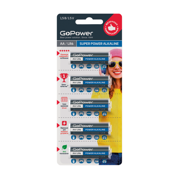 GoPower Батарейка LR6 AA BL 5 шт. Alkaline 1.5V (5/50/600) 00-00023779